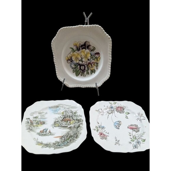 vtg Johnson Brothers  Square Collector Plates Pansy Floral  Countryside Set Of 3 - Picture 2 of 6